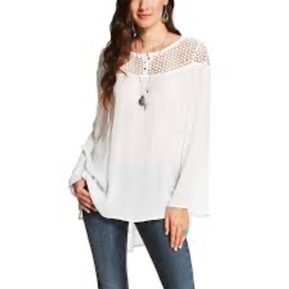Ariat Elsie White Crochet Detail Gauzey Bell Sleeve Boho Top, XS